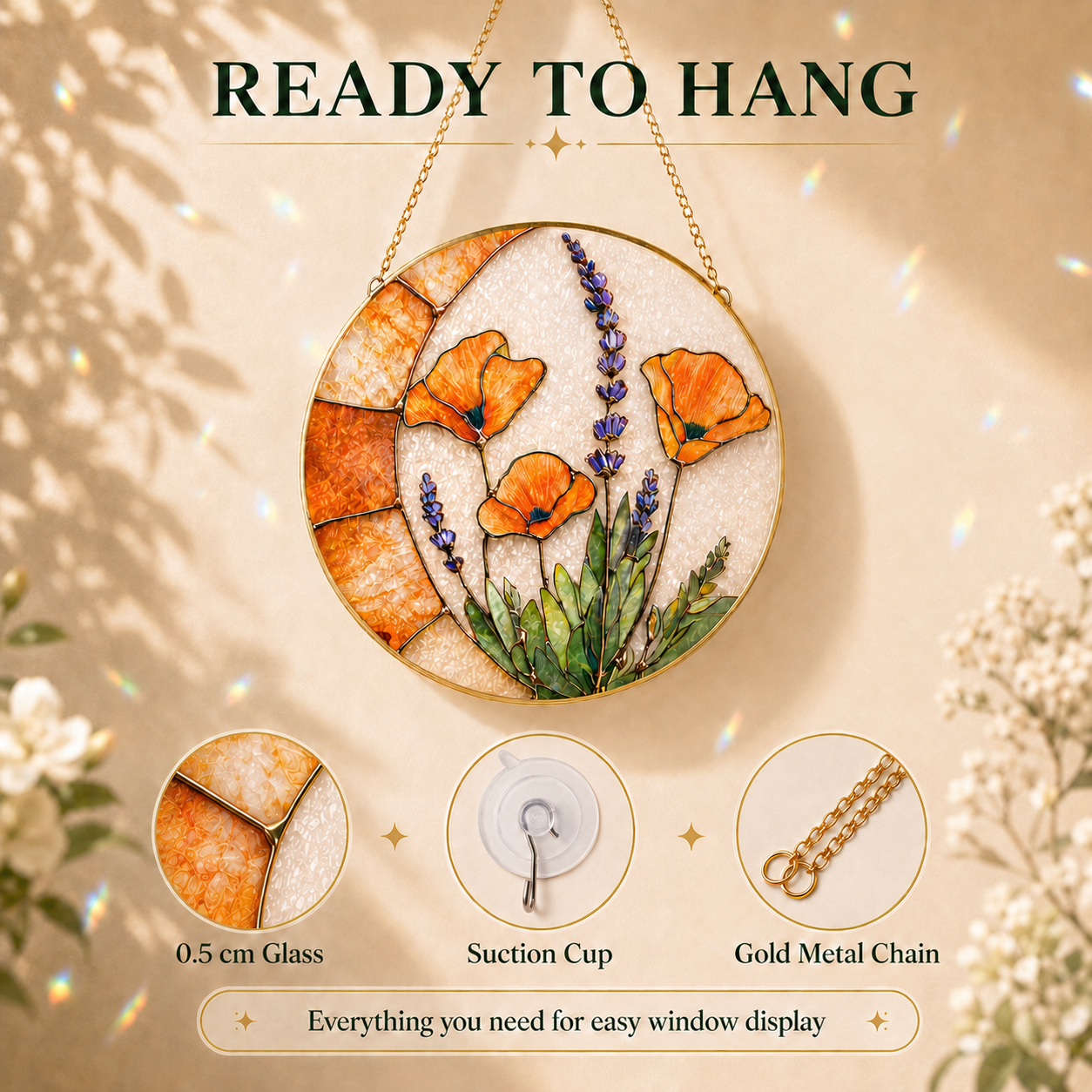 Decorative wall hanging with flowers and text 'Ready to Hang' on a beige background.