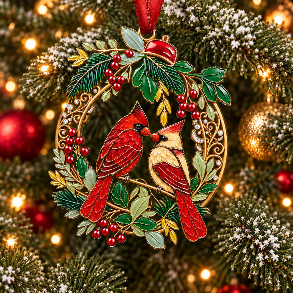 Holly Wreath Christmas Ornament — A Pair of Cardinals, Chickadees, Snowy Owls, Foxes, Penguins, Polar Bears, Reindeer & More, Couple Keepsake