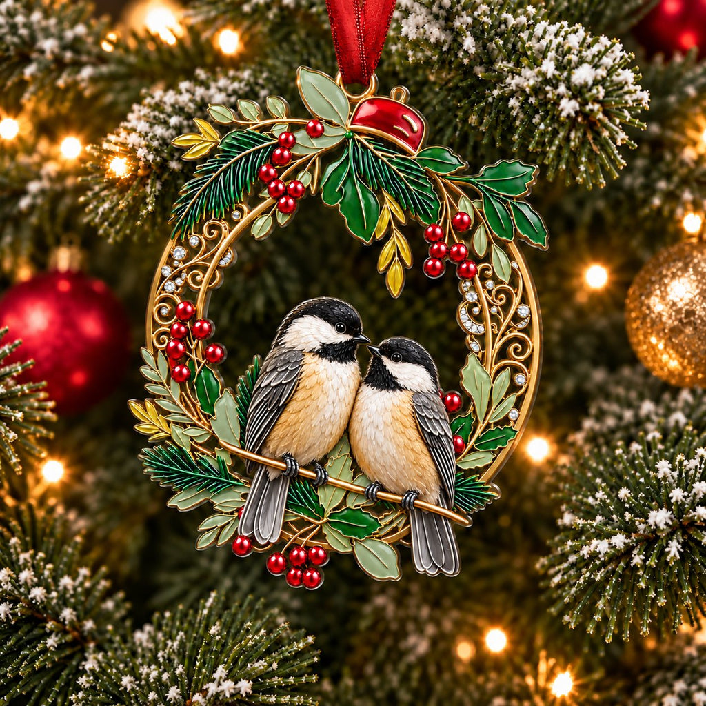 Holly Wreath Christmas Ornament — A Pair of Cardinals, Chickadees, Snowy Owls, Foxes, Penguins, Polar Bears, Reindeer & More, Couple Keepsake