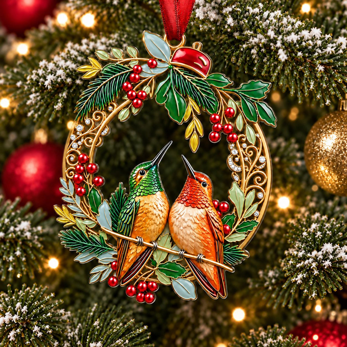 Holly Wreath Christmas Ornament — A Pair of Cardinals, Chickadees, Snowy Owls, Foxes, Penguins, Polar Bears, Reindeer & More, Couple Keepsake
