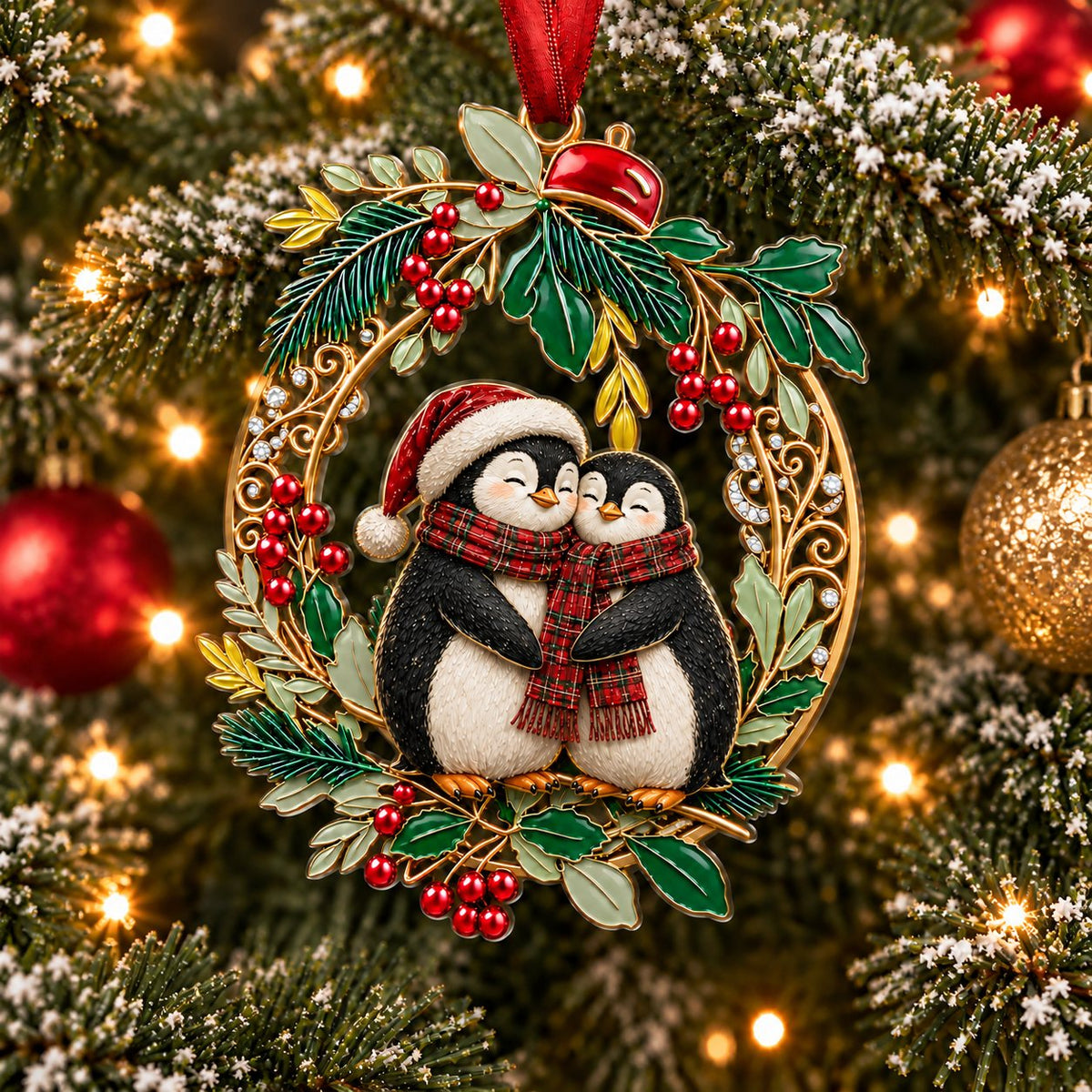 Holly Wreath Christmas Ornament — A Pair of Cardinals, Chickadees, Snowy Owls, Foxes, Penguins, Polar Bears, Reindeer & More, Couple Keepsake