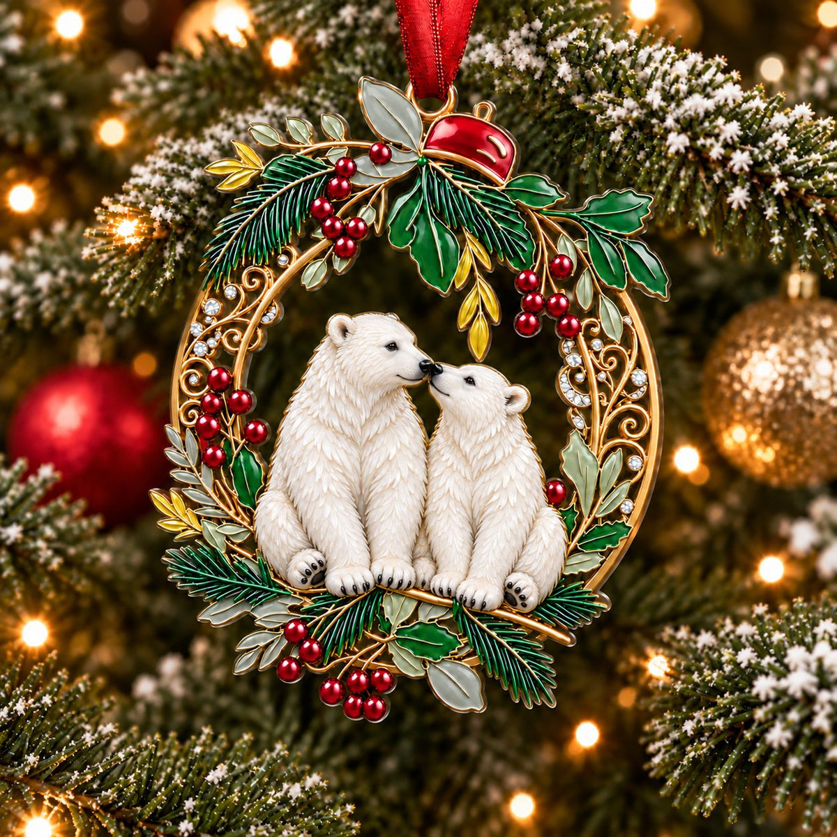Holly Wreath Christmas Ornament — A Pair of Cardinals, Chickadees, Snowy Owls, Foxes, Penguins, Polar Bears, Reindeer & More, Couple Keepsake