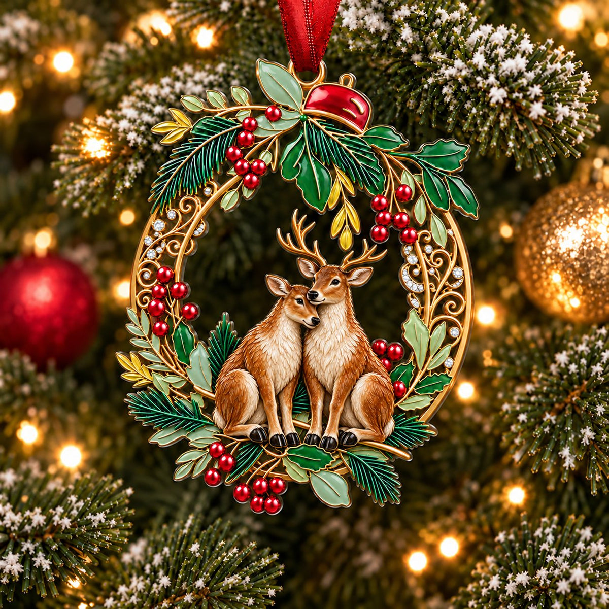 Holly Wreath Christmas Ornament — A Pair of Cardinals, Chickadees, Snowy Owls, Foxes, Penguins, Polar Bears, Reindeer & More, Couple Keepsake