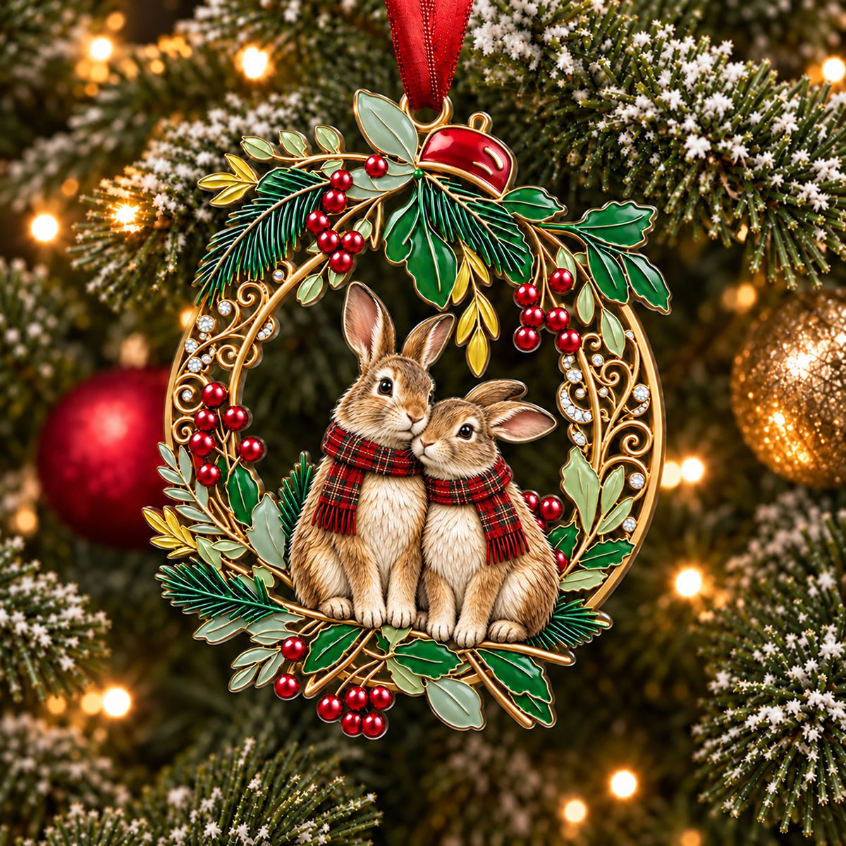 Holly Wreath Christmas Ornament — A Pair of Cardinals, Chickadees, Snowy Owls, Foxes, Penguins, Polar Bears, Reindeer & More, Couple Keepsake