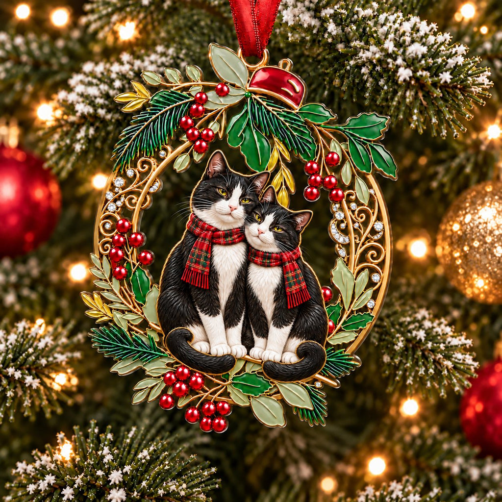 Holly Wreath Christmas Ornament — A Pair of Cardinals, Chickadees, Snowy Owls, Foxes, Penguins, Polar Bears, Reindeer & More, Couple Keepsake