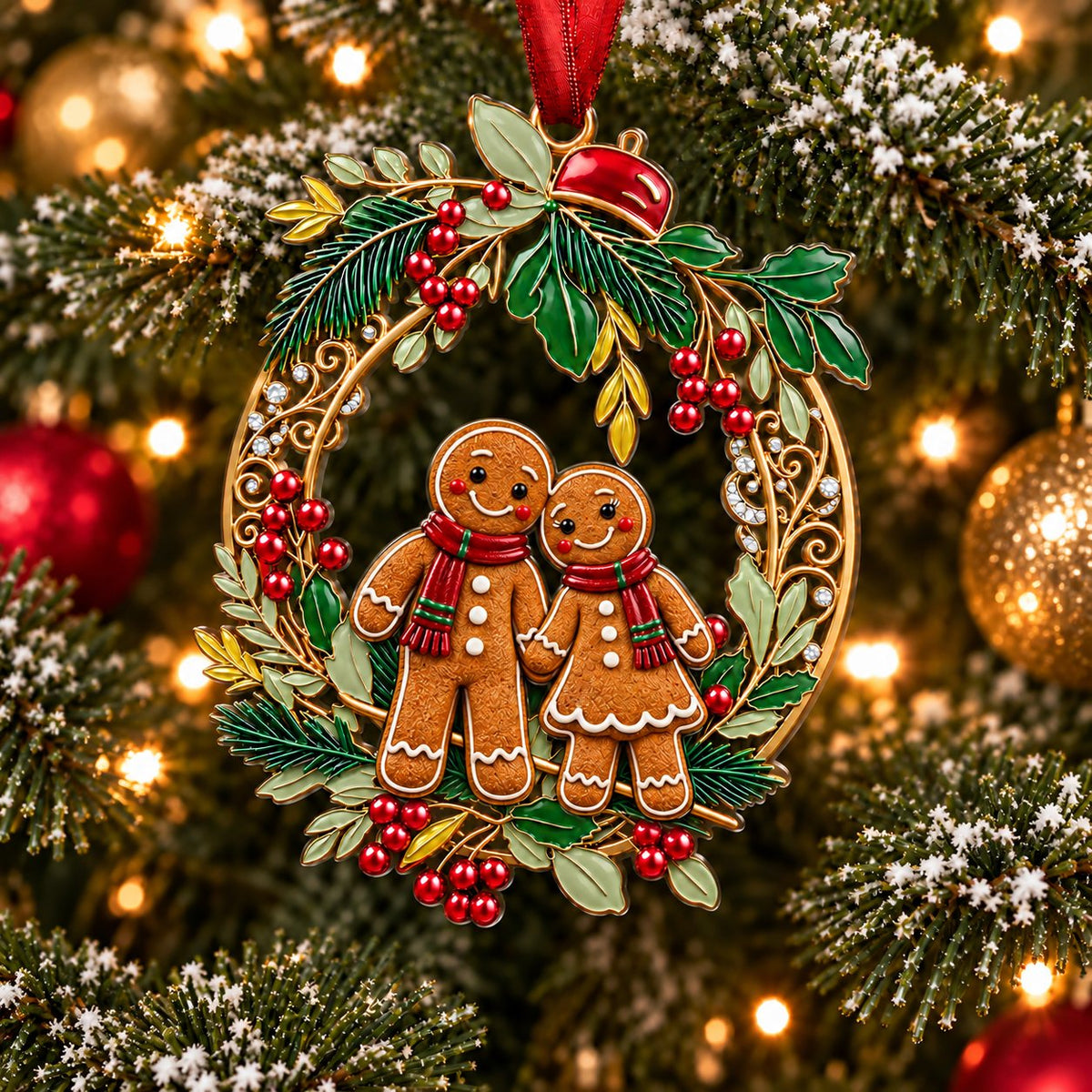 Holly Wreath Christmas Ornament — A Pair of Cardinals, Chickadees, Snowy Owls, Foxes, Penguins, Polar Bears, Reindeer & More, Couple Keepsake