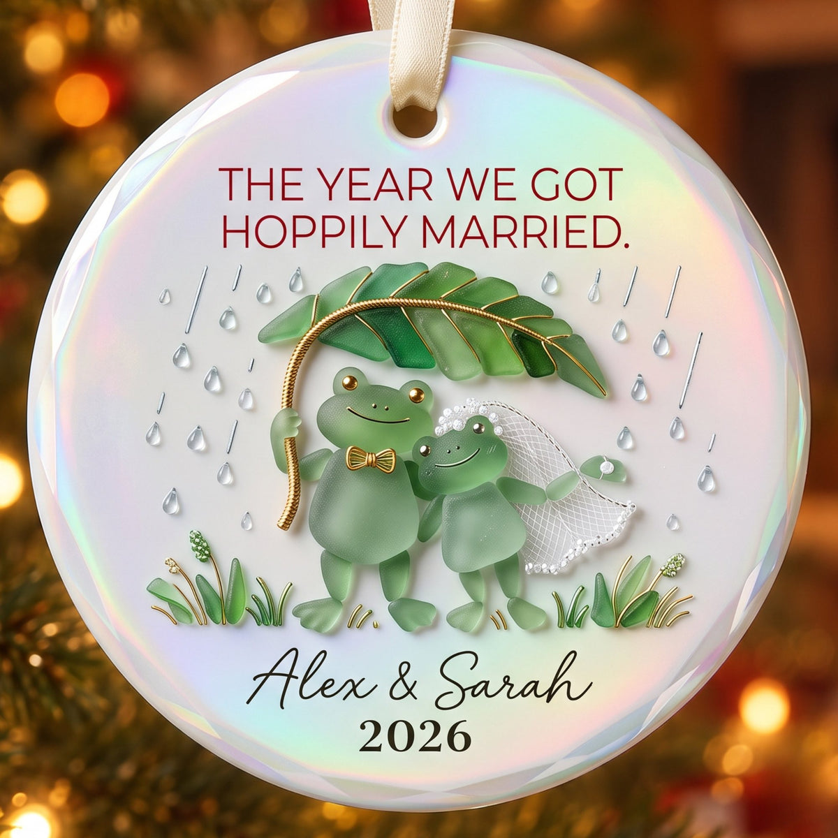 Personalized Hoppily Married Frog Couple Ceramic Christmas Ornament — Rain or Shine