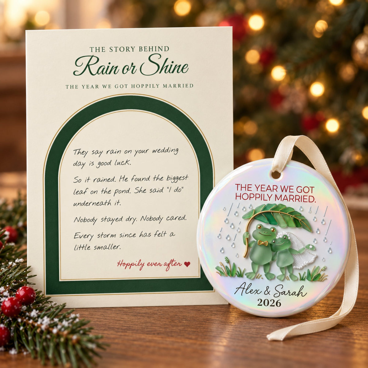 Personalized Hoppily Married Frog Couple Ceramic Christmas Ornament — Rain or Shine
