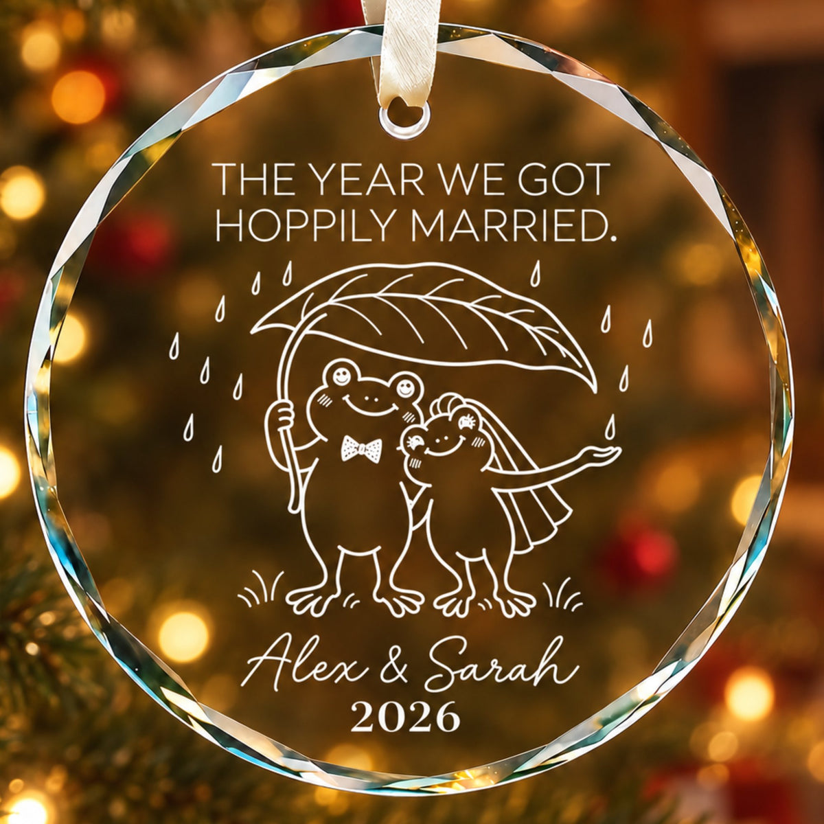 Personalized The Year We Got Hoppily Married Frog Couple Glass Christmas Ornament