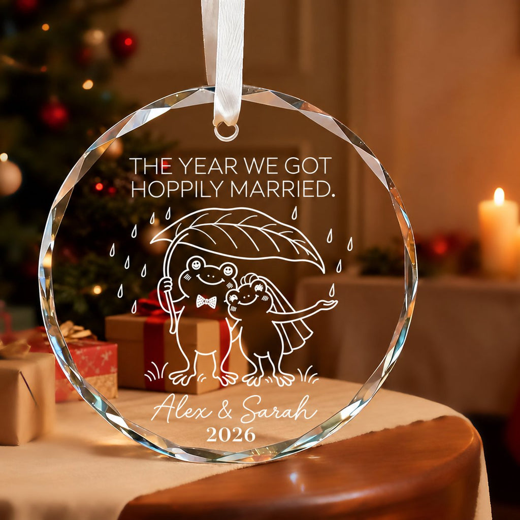 Personalized The Year We Got Hoppily Married Frog Couple Glass Christmas Ornament
