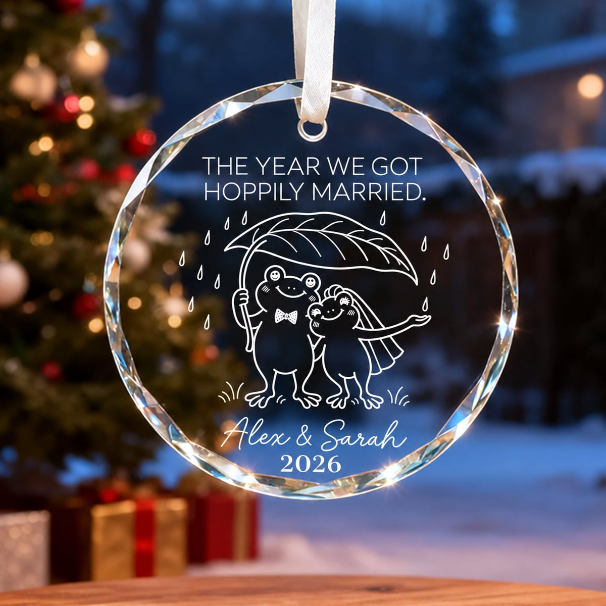 Personalized The Year We Got Hoppily Married Frog Couple Glass Christmas Ornament
