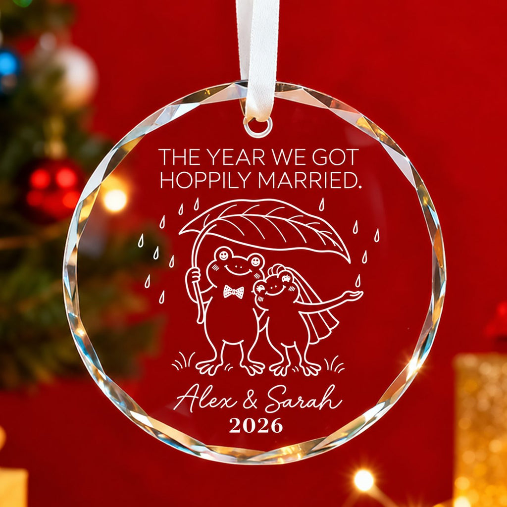 Personalized The Year We Got Hoppily Married Frog Couple Glass Christmas Ornament
