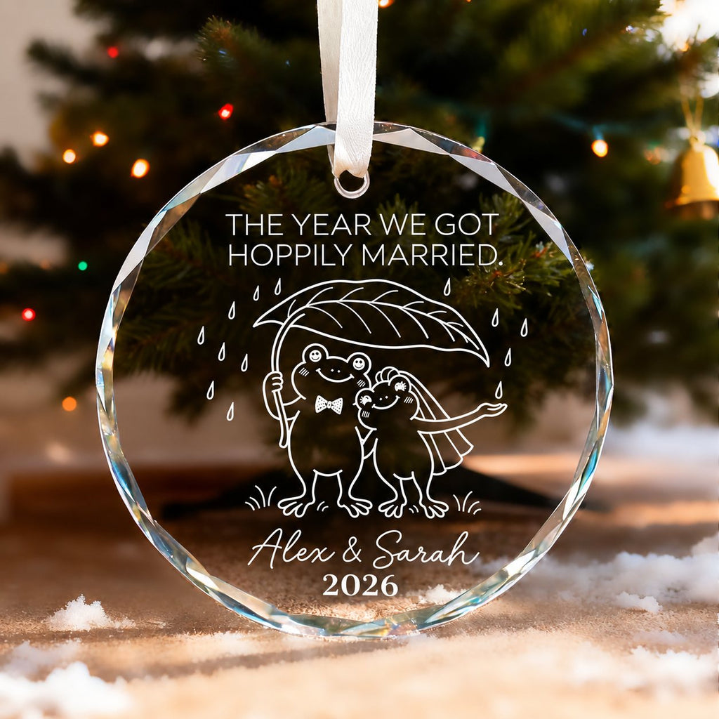 Personalized The Year We Got Hoppily Married Frog Couple Glass Christmas Ornament