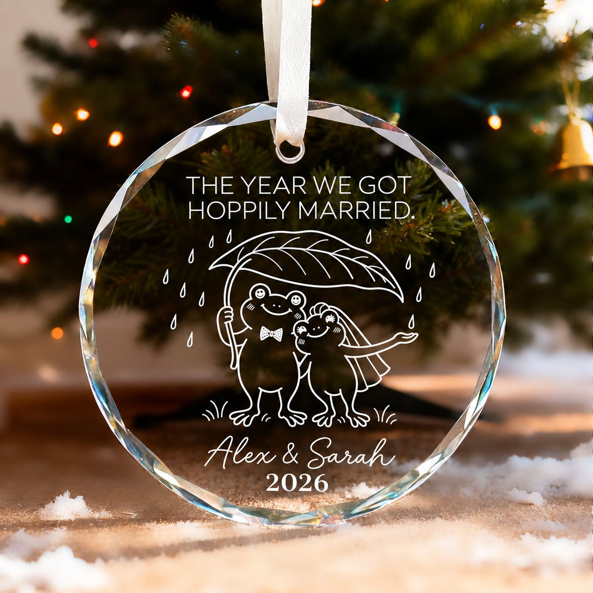 Personalized The Year We Got Hoppily Married Frog Couple Glass Christmas Ornament
