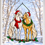 Horse Pair in Santa Hats with Wreath Holographic Acrylic Suncatcher