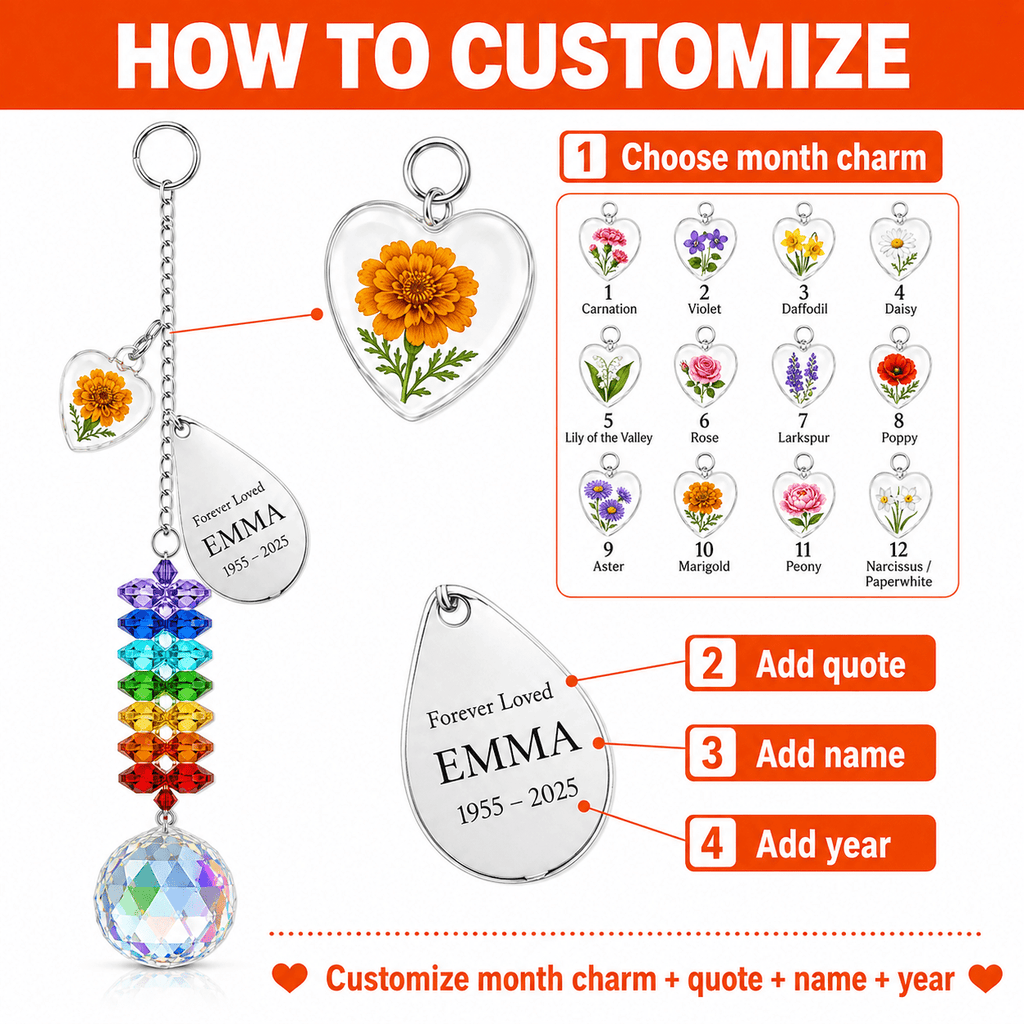 How to customize guide for personalized birth flower crystal suncatcher showing month charm selection, quote, name, and year personalization