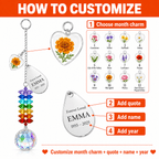How to customize guide for personalized birth flower crystal suncatcher showing month charm selection, quote, name, and year personalization