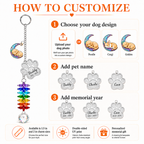 How to customize guide for personalized dog memorial moon crystal suncatcher showing dog design selection, pet name, memorial year, charm size, and double sided UV print
