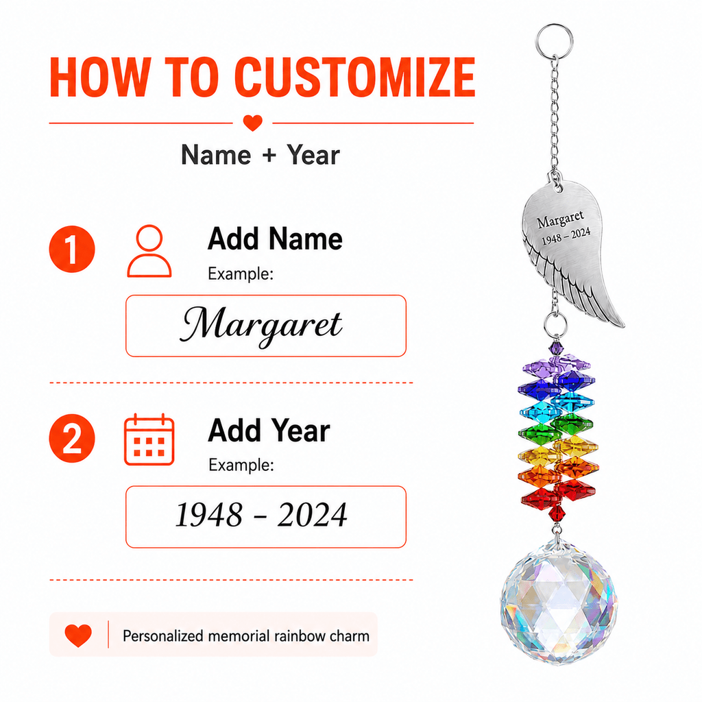 How to customize guide for personalized memorial angel wing crystal suncatcher showing name and year personalization