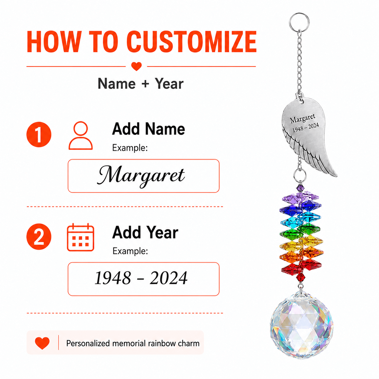 How to customize guide for personalized memorial angel wing crystal suncatcher showing name and year personalization