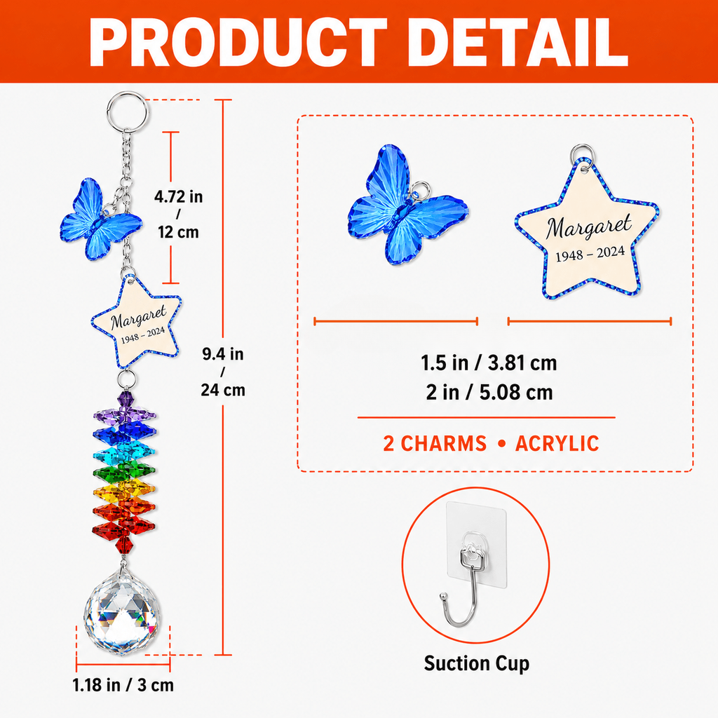How to customize guide for personalized memorial butterfly crystal suncatcher showing name and year personalization, double sided UV print, and charm size options