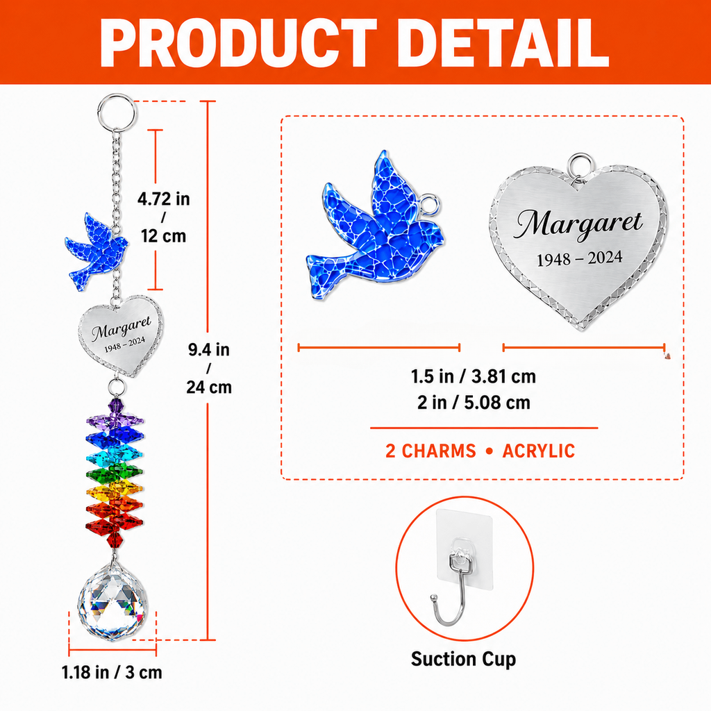 How to customize guide for personalized memorial dove crystal suncatcher showing name and year personalization, double sided UV print, and charm size options