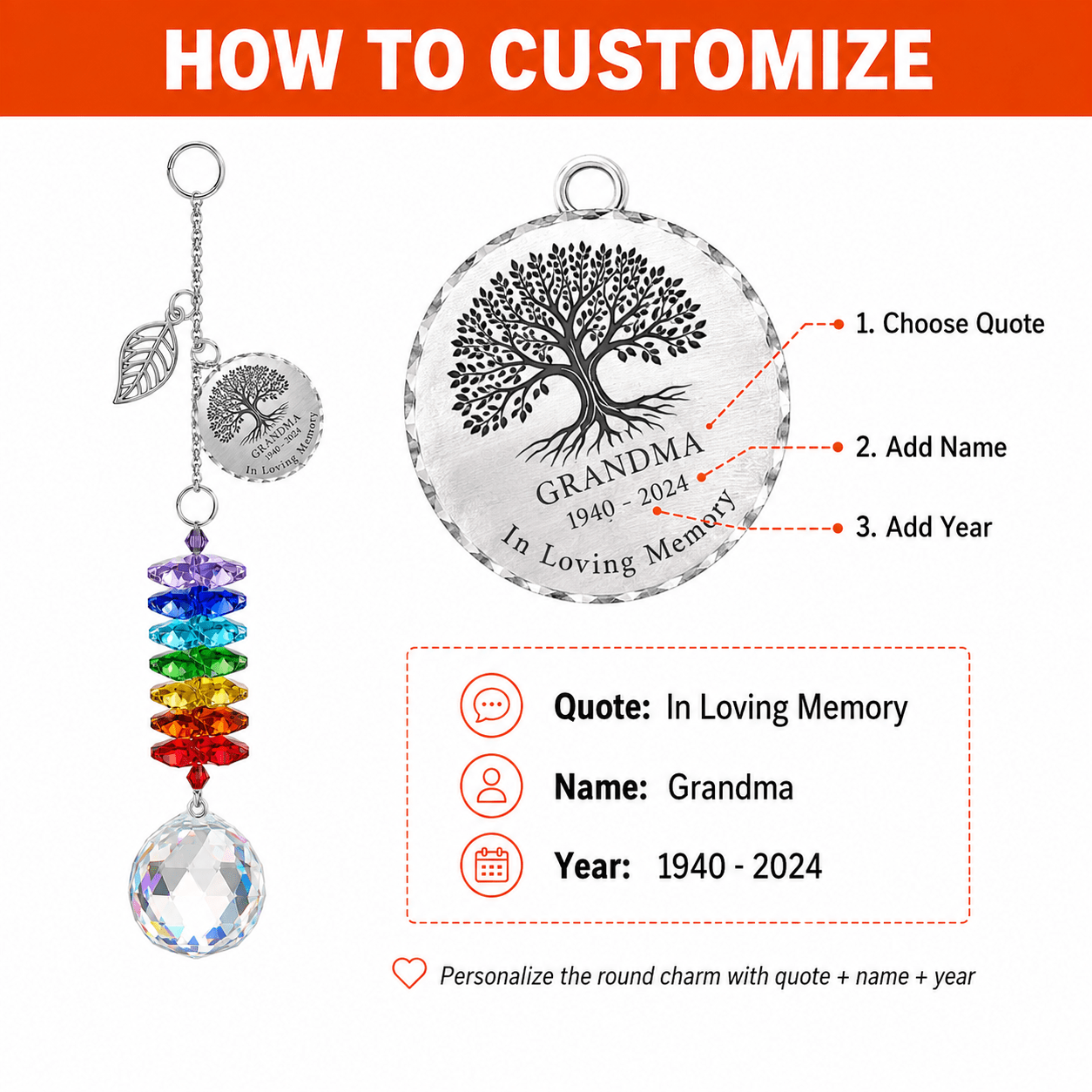 How to customize guide for personalized Tree of Life memorial crystal suncatcher showing quote, name, and year customization