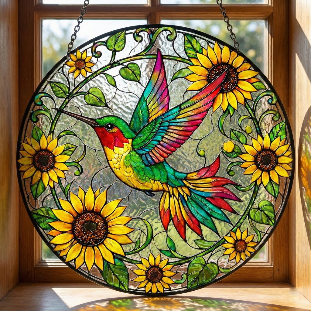 Sunflower Hummingbird Stained Glass Suncatcher