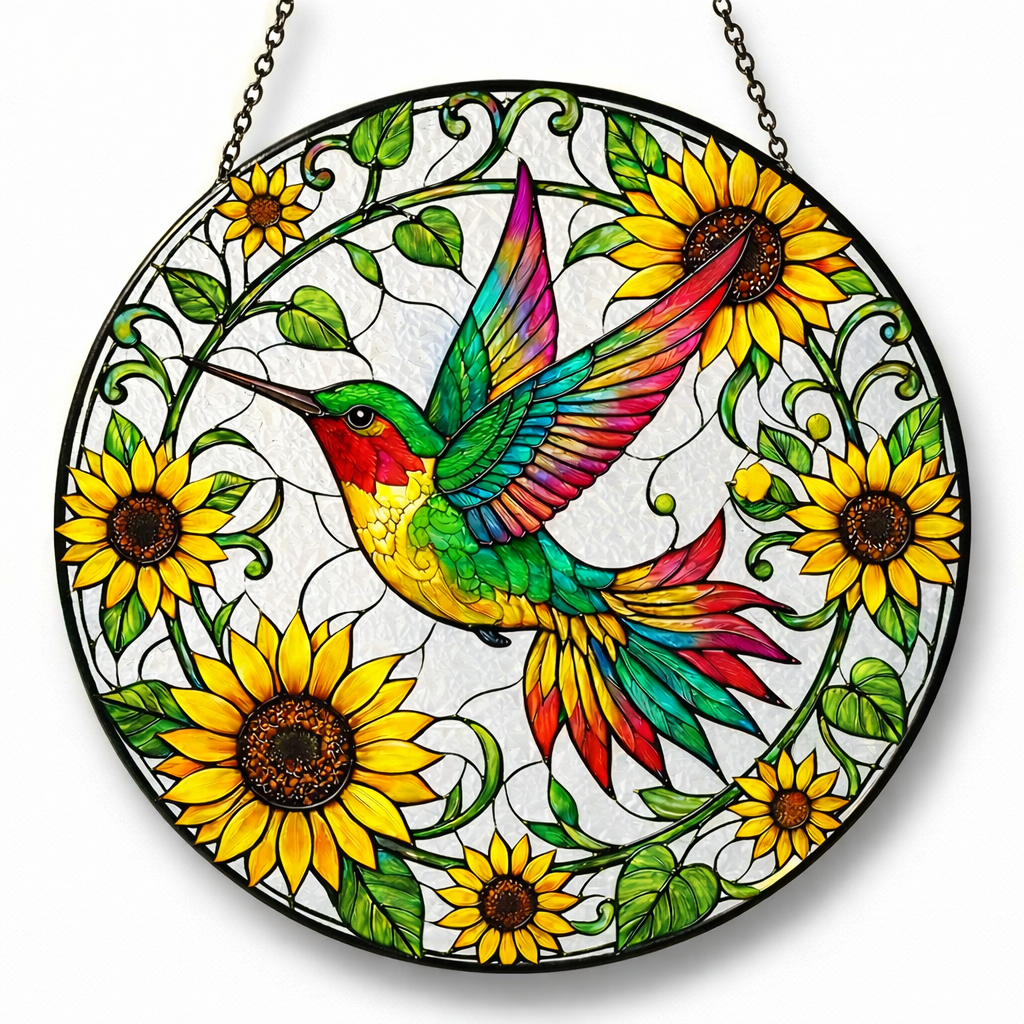 Sunflower Hummingbird Stained Glass Suncatcher