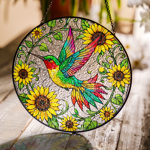 Sunflower Hummingbird Stained Glass Suncatcher
