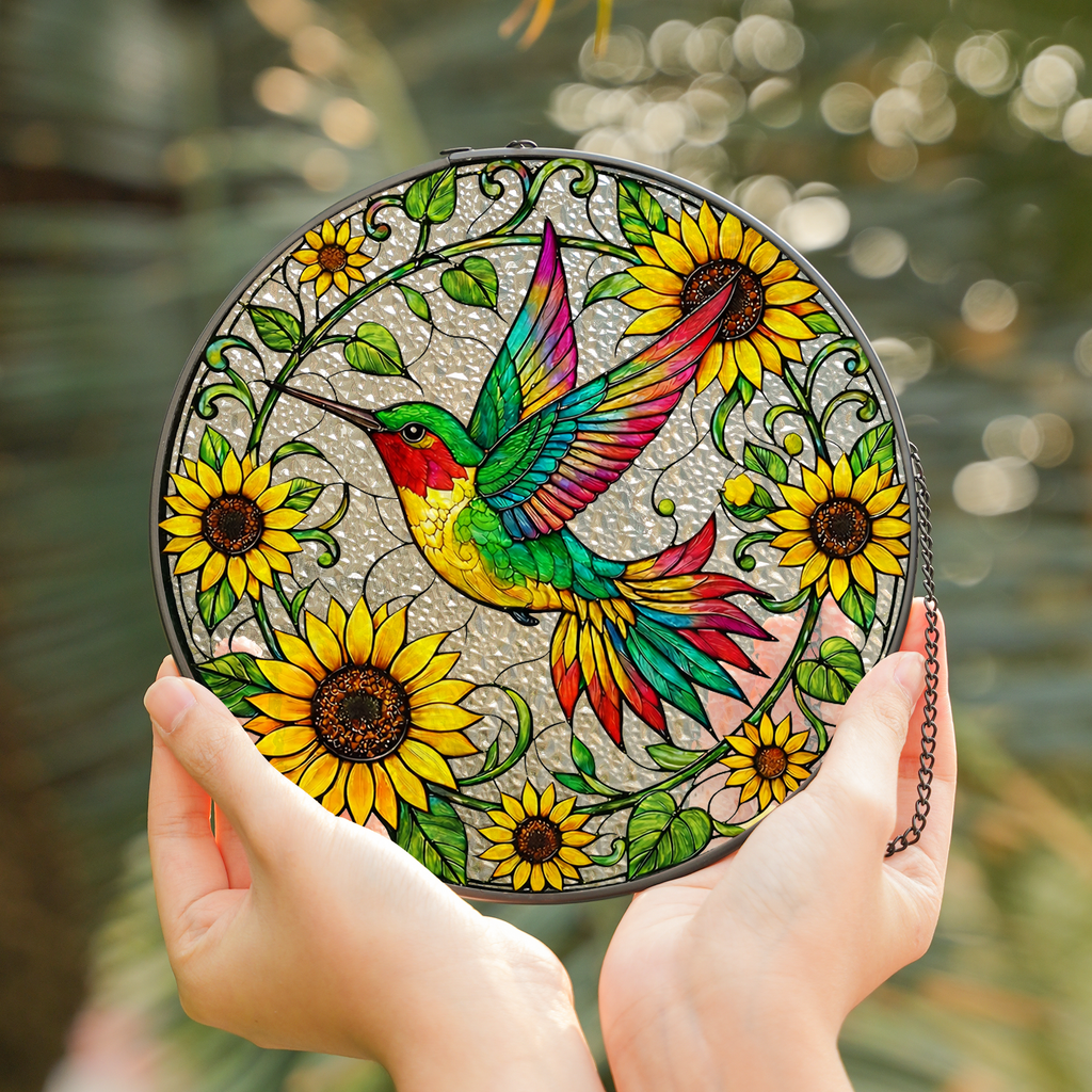 Sunflower Hummingbird Stained Glass Suncatcher