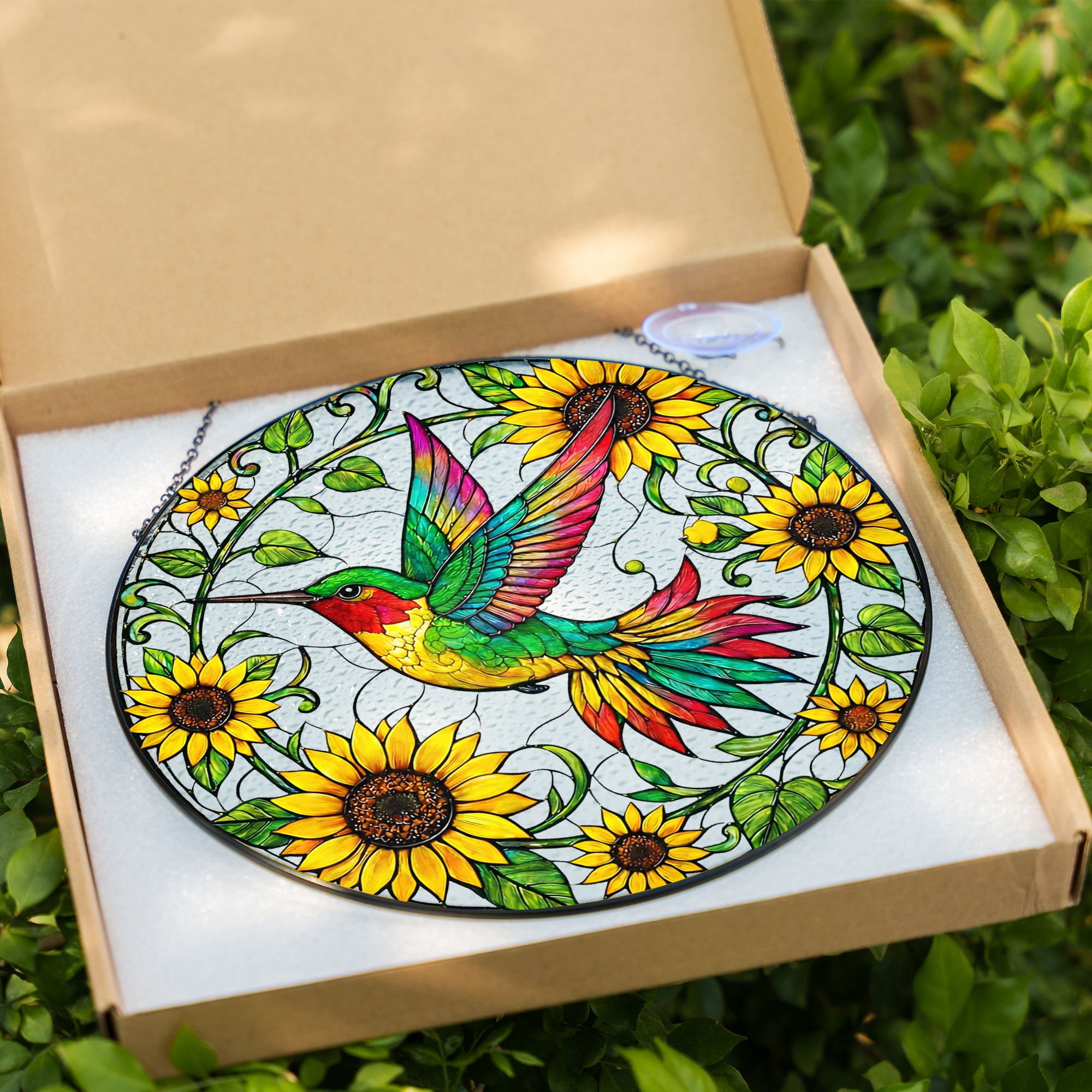 Sunflower Hummingbird Stained Glass Suncatcher