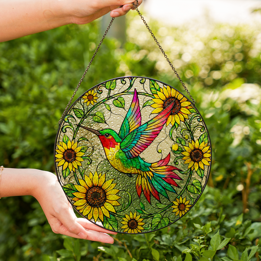Sunflower Hummingbird Stained Glass Suncatcher