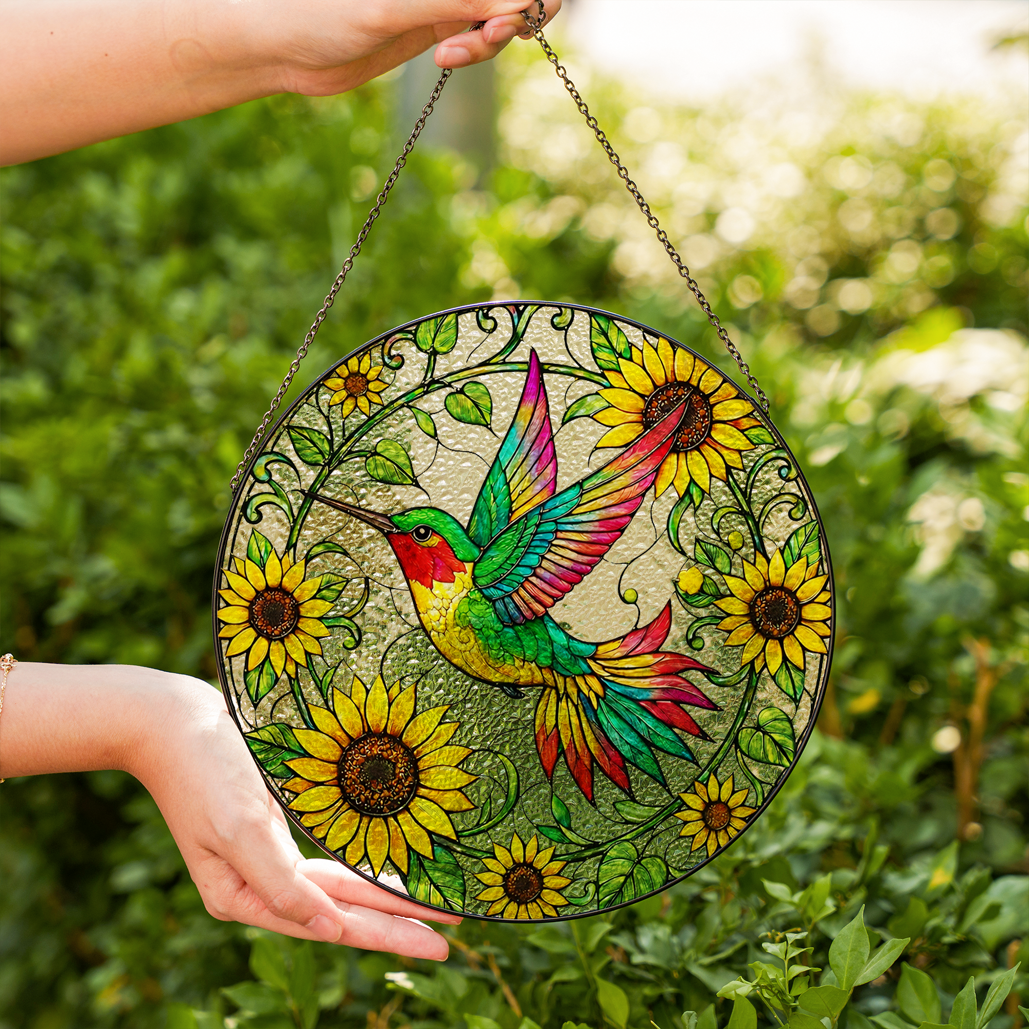 Sunflower Hummingbird Stained Glass Suncatcher
