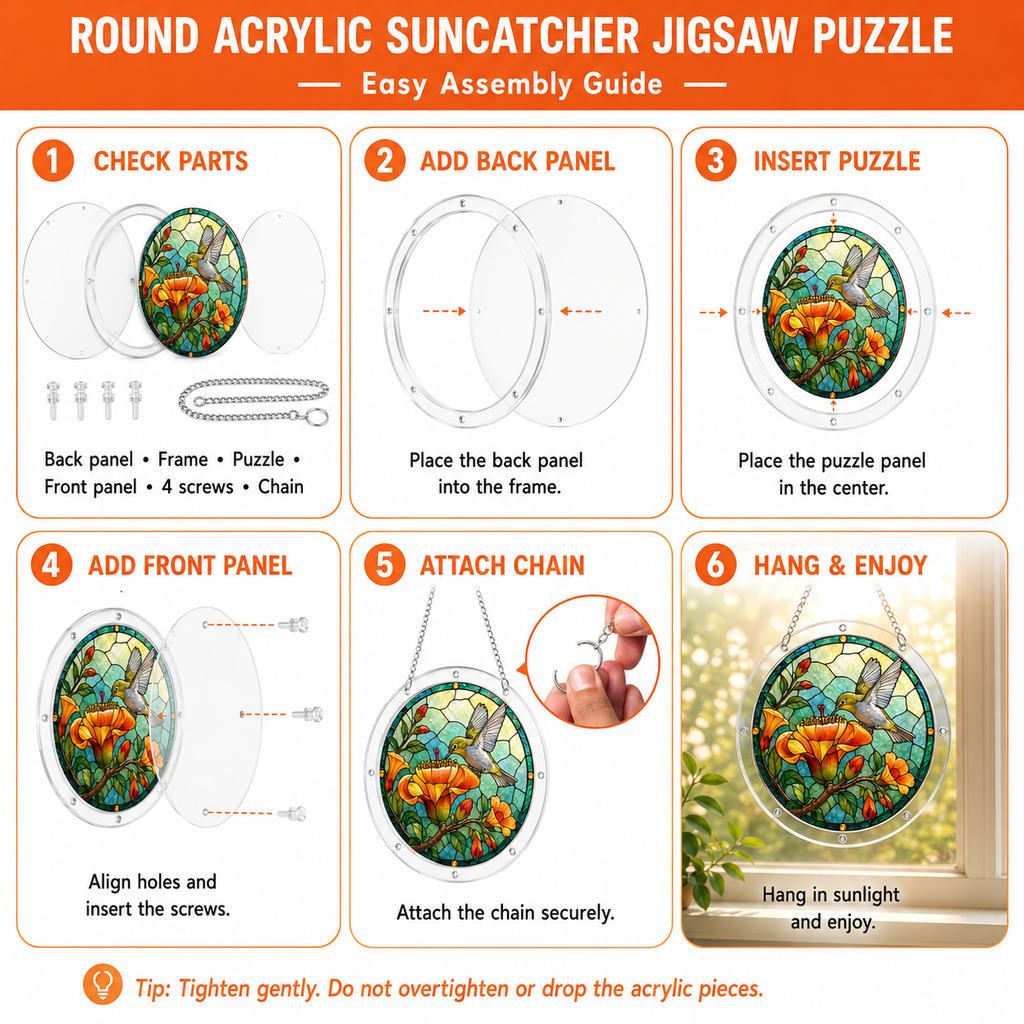 Easy assembly guide for round acrylic suncatcher jigsaw puzzle