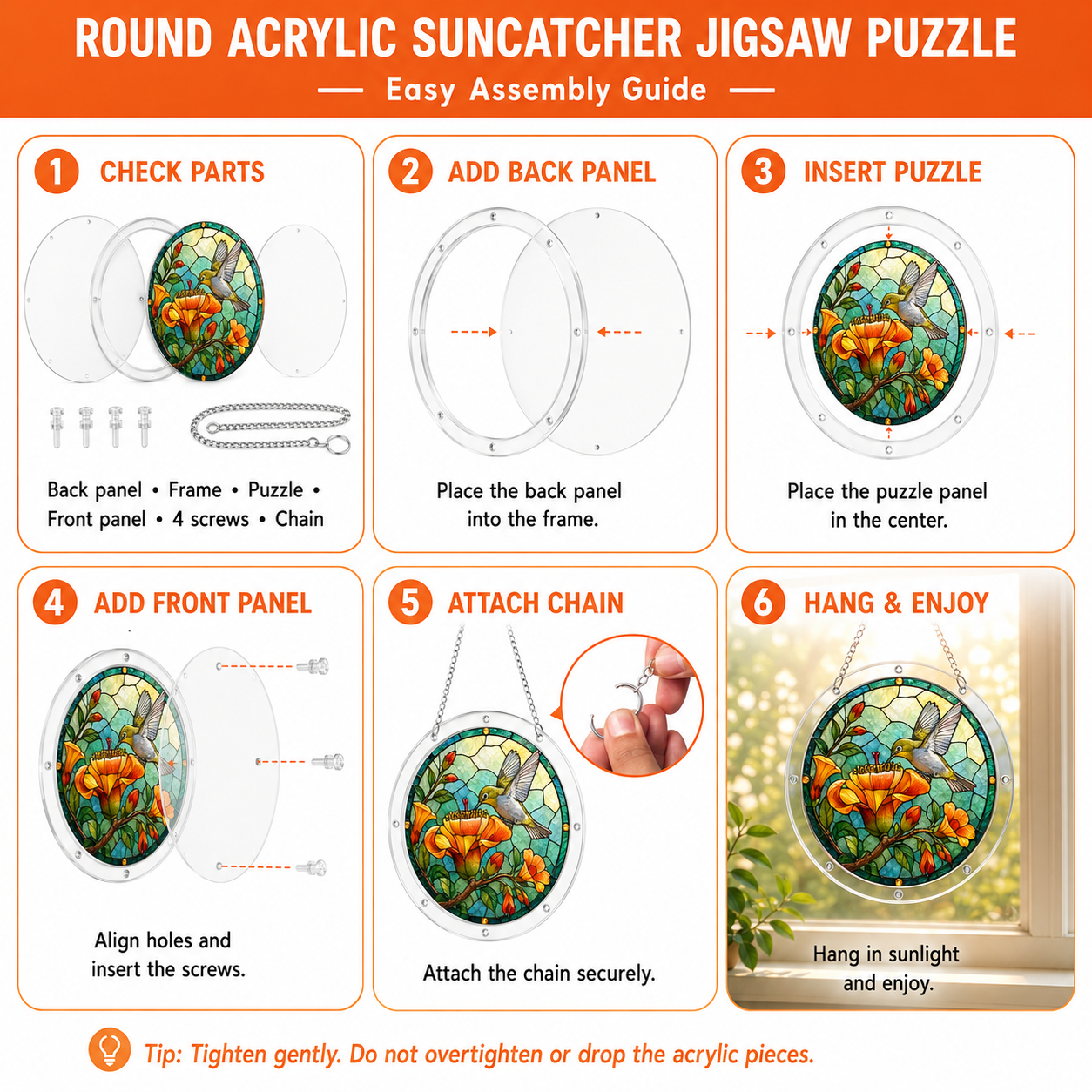 Easy assembly guide for round acrylic suncatcher jigsaw puzzle