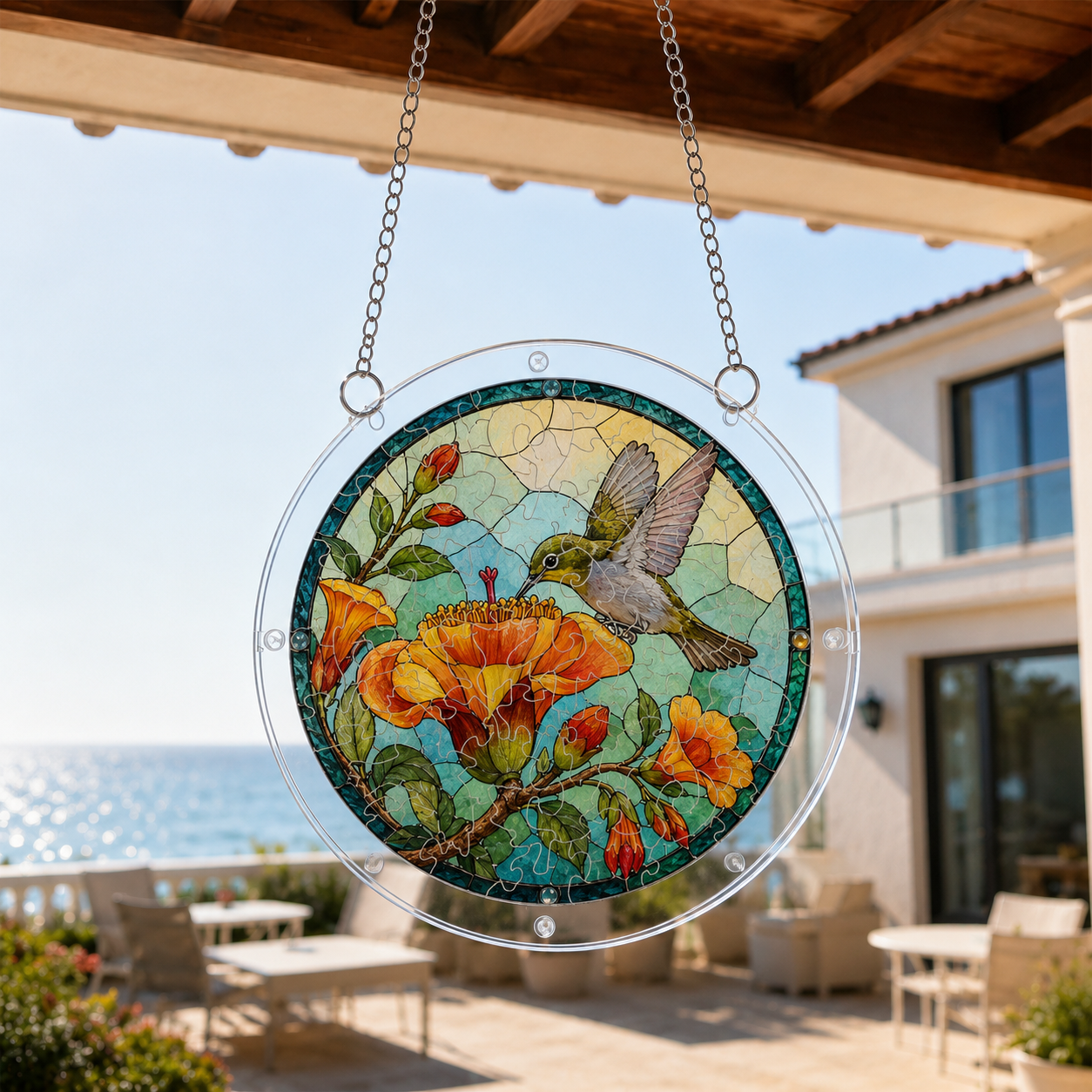 Hummingbird acrylic jigsaw puzzle suncatcher hanging as patio decor