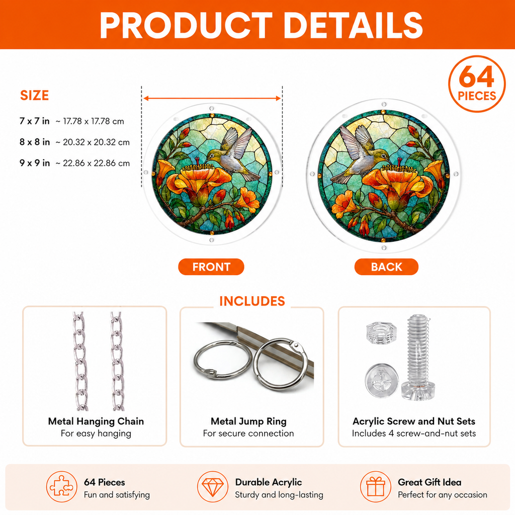 Product details for hummingbird acrylic jigsaw puzzle suncatcher with size, parts, and materials