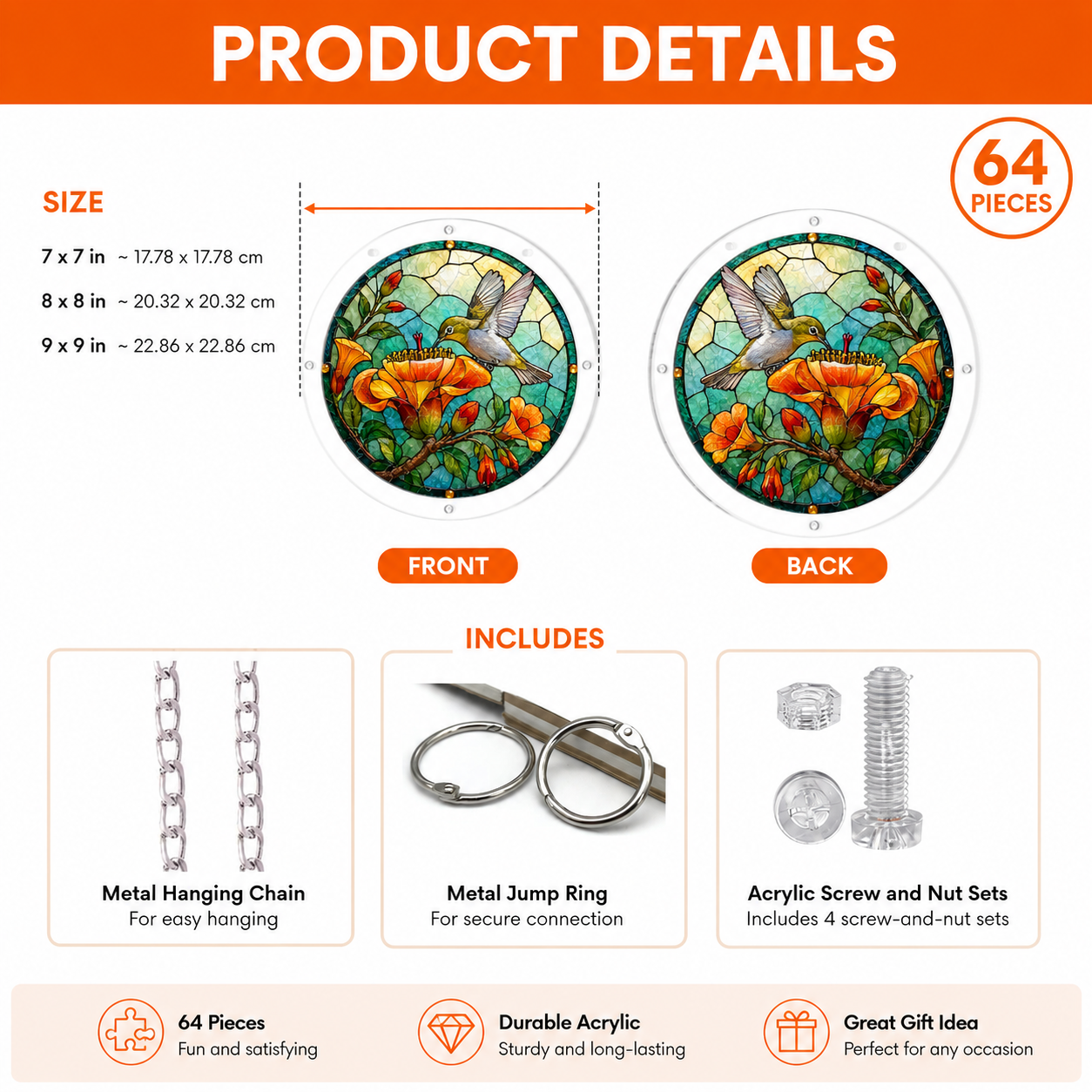 Product details for hummingbird acrylic jigsaw puzzle suncatcher with size, parts, and materials