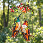 Hummingbird Couple Trumpet Flower Holographic Acrylic Suncatcher with Charm