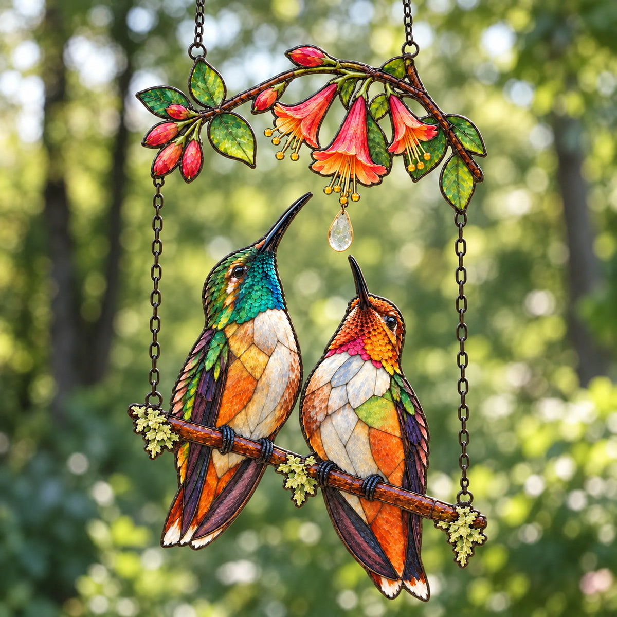Hummingbird Couple Trumpet Flower Holographic Acrylic Suncatcher with Charm
