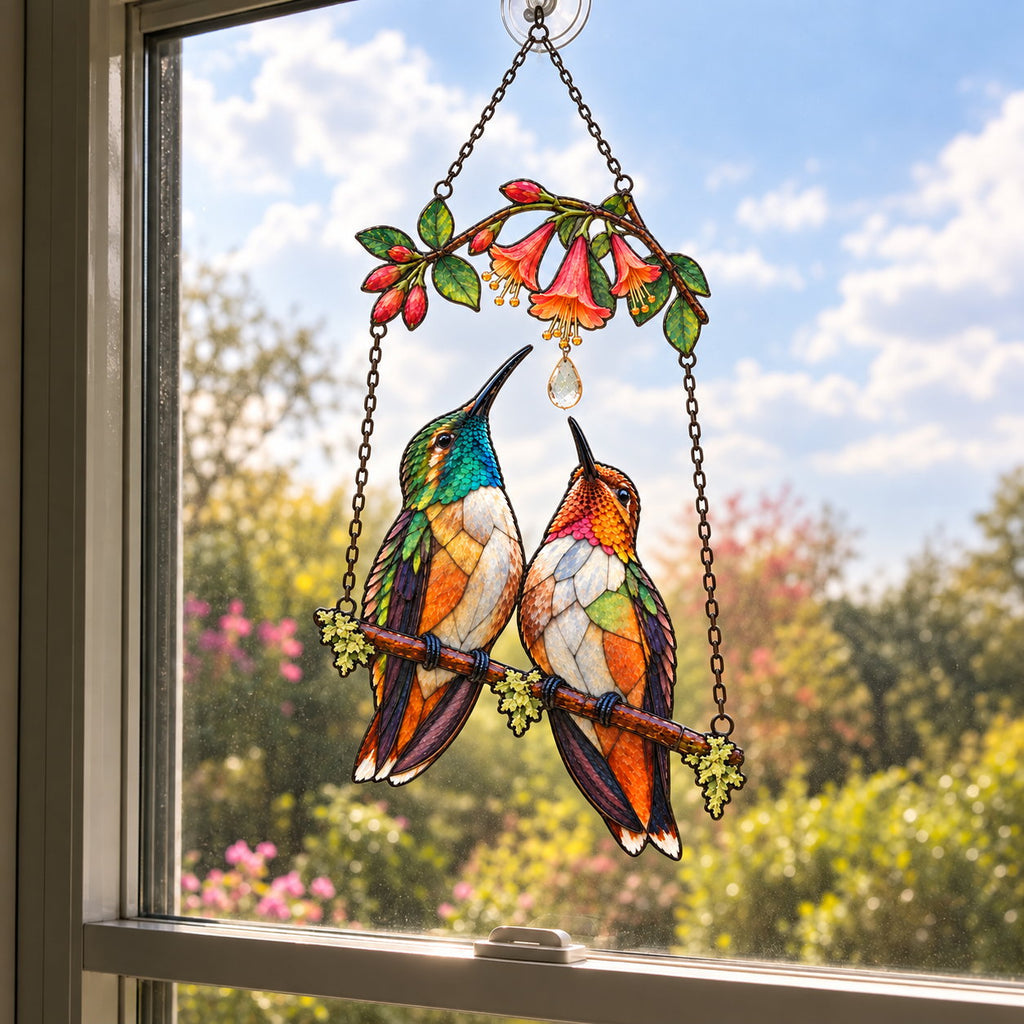 Hummingbird Couple Trumpet Flower Holographic Acrylic Suncatcher with Charm