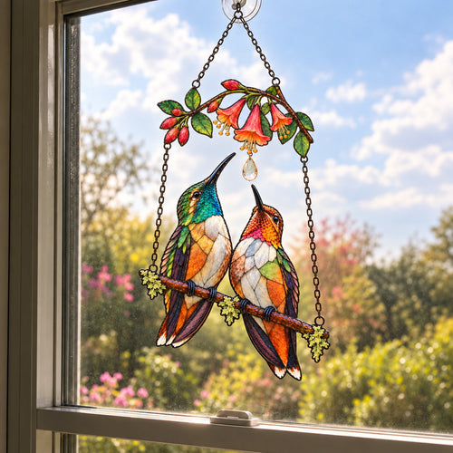 Hummingbird Couple Trumpet Flower Holographic Acrylic Suncatcher with Charm