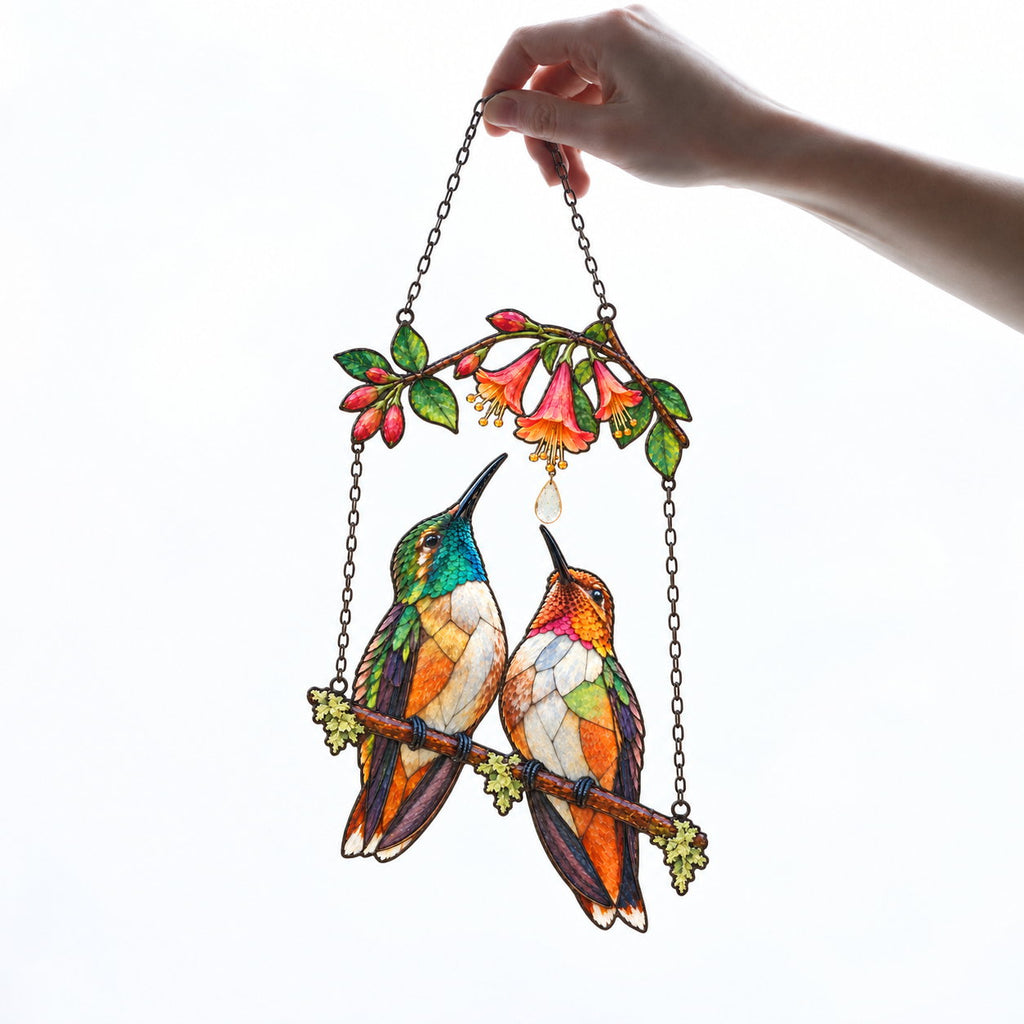 Hummingbird Couple Trumpet Flower Holographic Acrylic Suncatcher with Charm