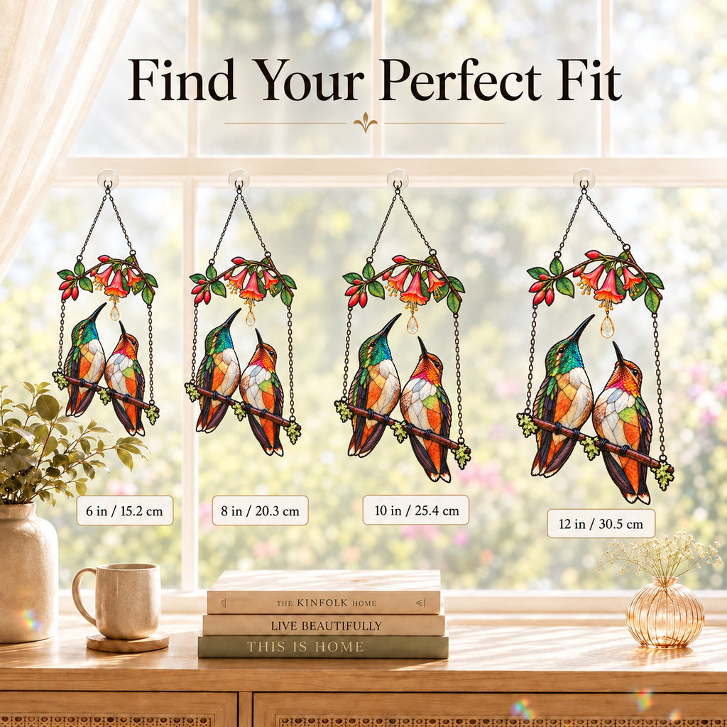 Hummingbird Couple Trumpet Flower Holographic Acrylic Suncatcher with Charm