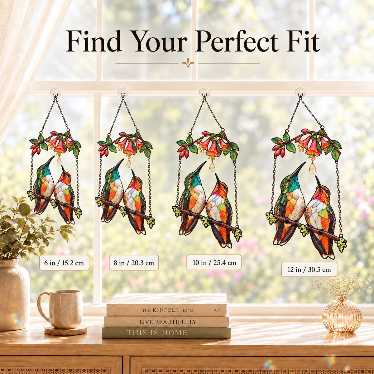 Hummingbird Couple Trumpet Flower Holographic Acrylic Suncatcher with Charm