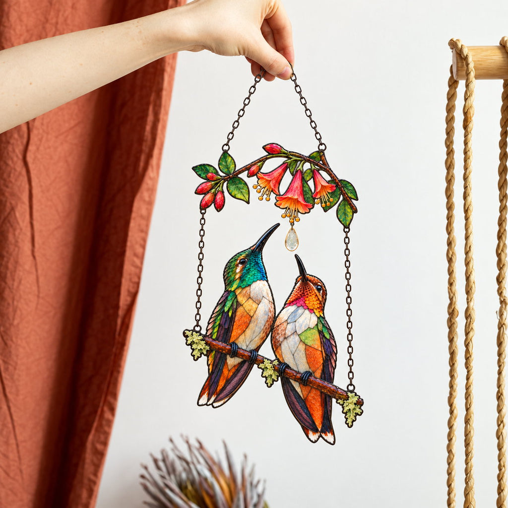 Hummingbird Couple Trumpet Flower Holographic Acrylic Suncatcher with Charm