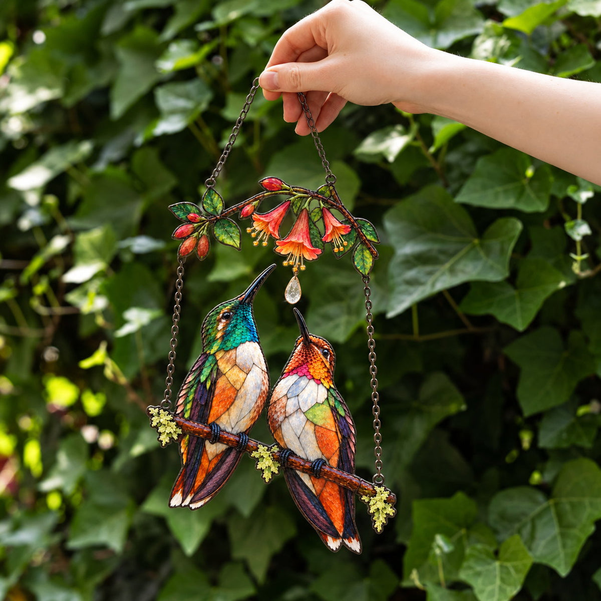 Hummingbird Couple Trumpet Flower Holographic Acrylic Suncatcher with Charm