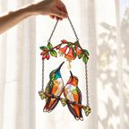 Hummingbird Couple Trumpet Flower Holographic Acrylic Suncatcher with Charm