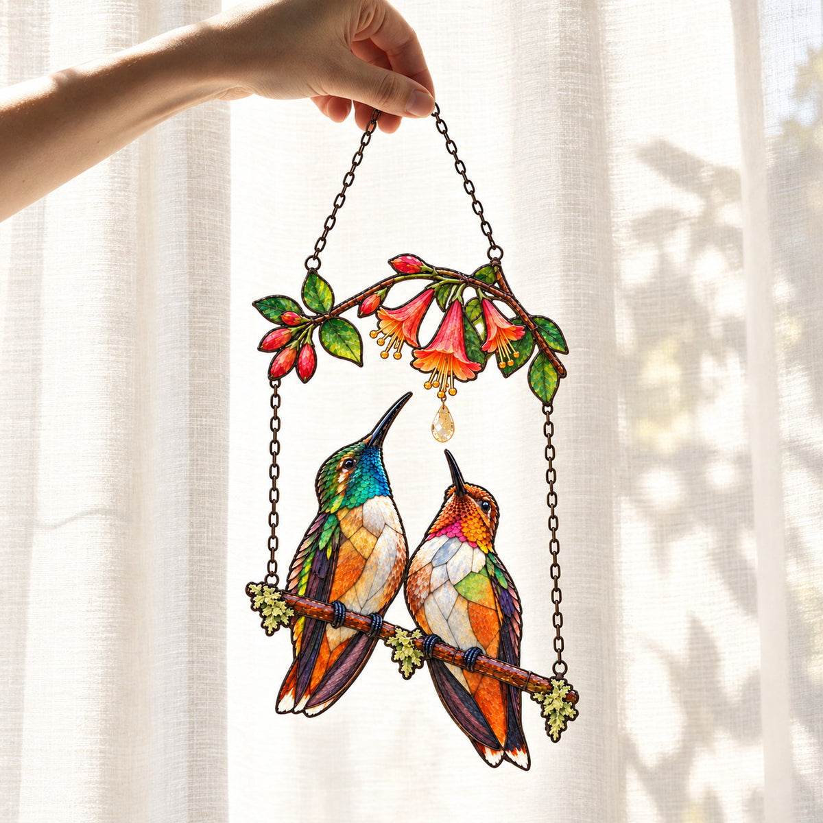 Hummingbird Couple Trumpet Flower Holographic Acrylic Suncatcher with Charm